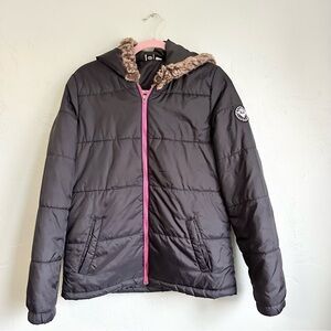 Roxy‎ Women's Black Puffer Jacket Pink Zipper Faux Fur Hood Size Small EUC